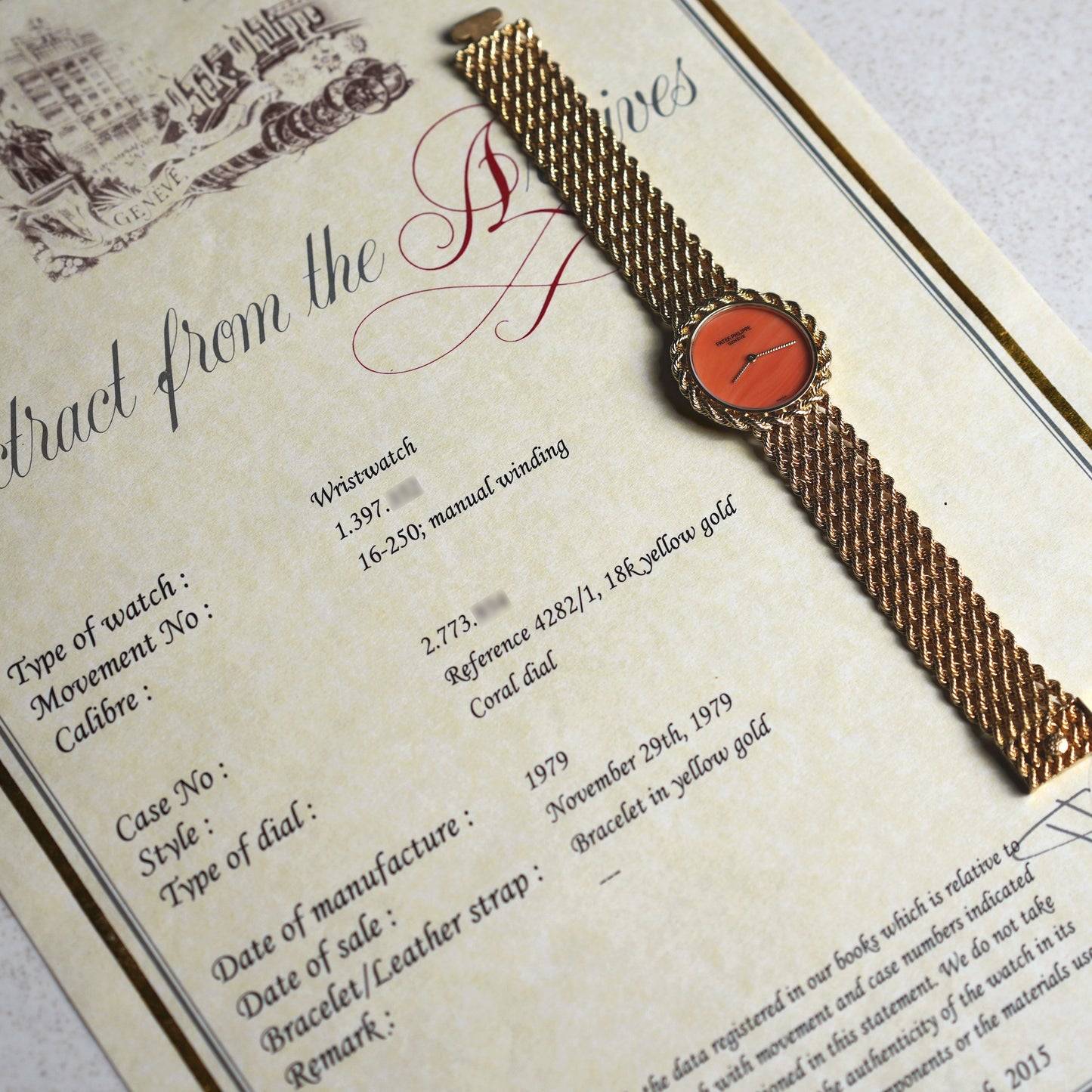 Patek Philippe Manual-wind Bracelet Watch, Coral dial, Yellow Gold