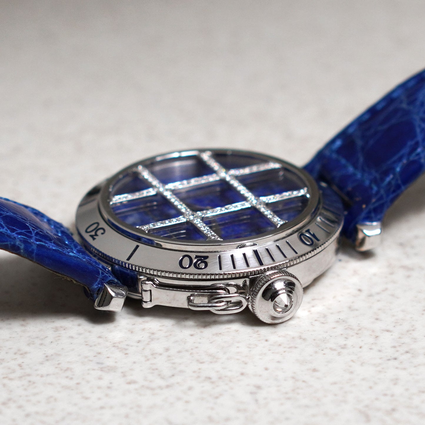 Cartier Pasha, Lapis Lazuli Dial and Diamond Grill, White Gold