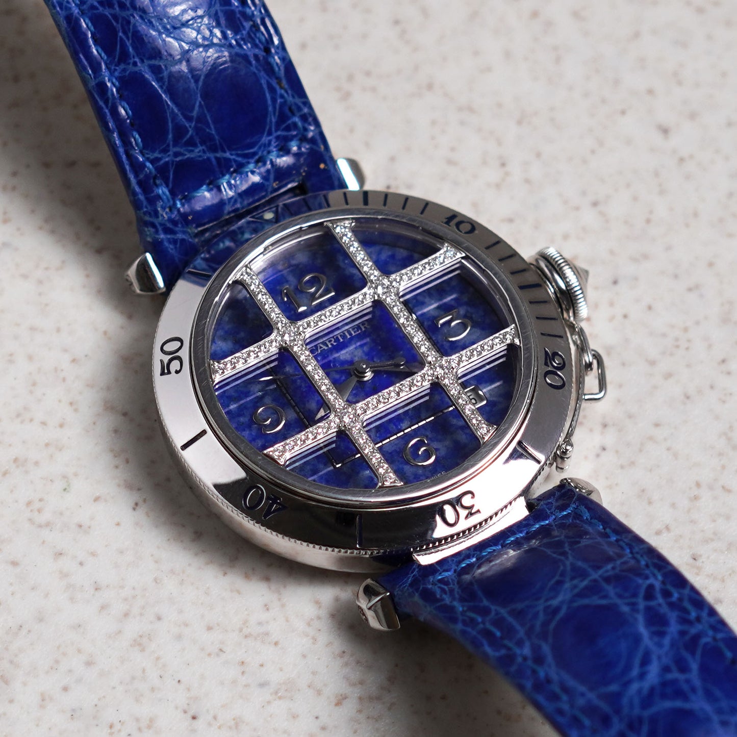 Cartier Pasha, Lapis Lazuli Dial and Diamond Grill, White Gold
