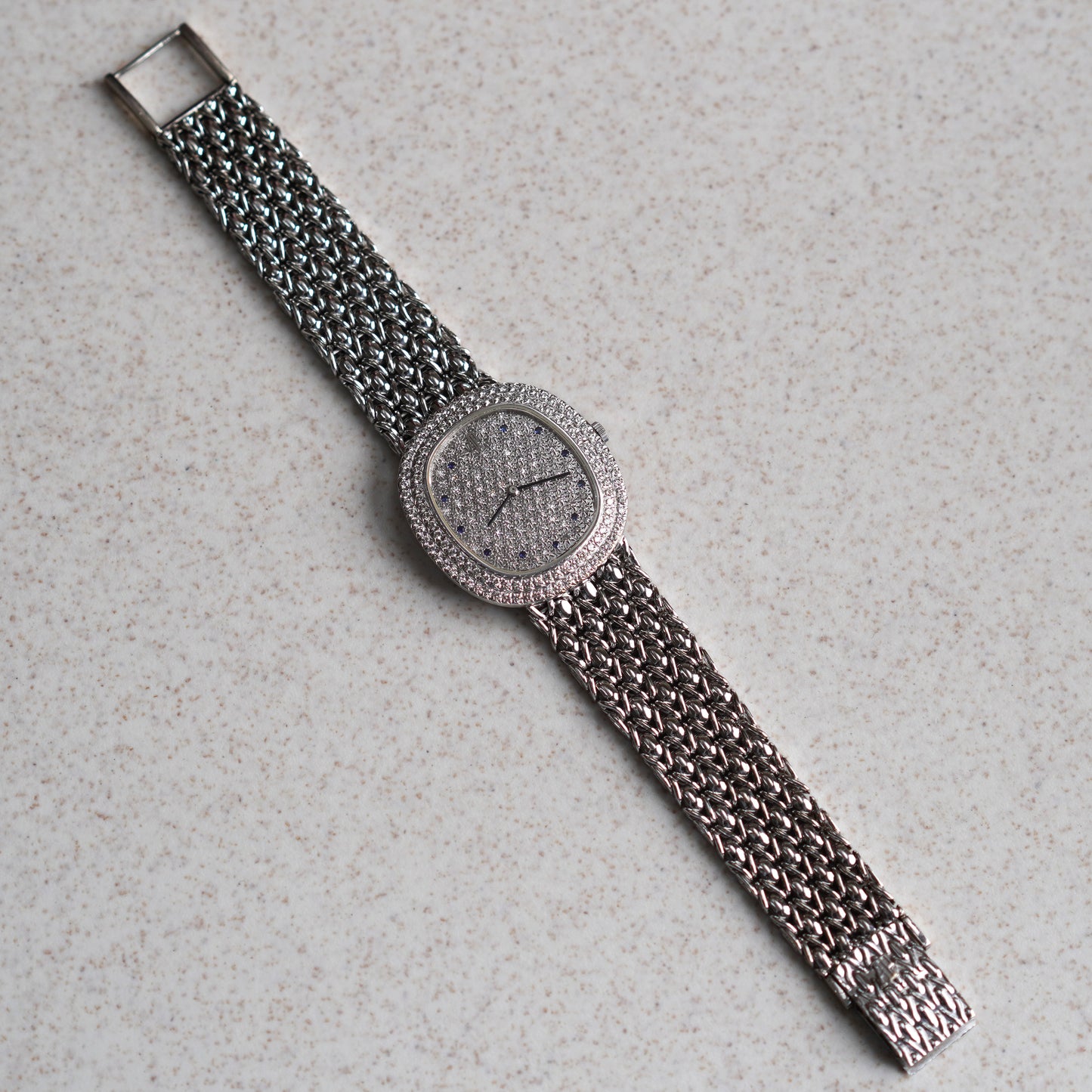 Audemars Piguet Oval-shaped Wristwatch, Diamond Bezel and Pavé Diamond Dial with Sapphires, White Gold