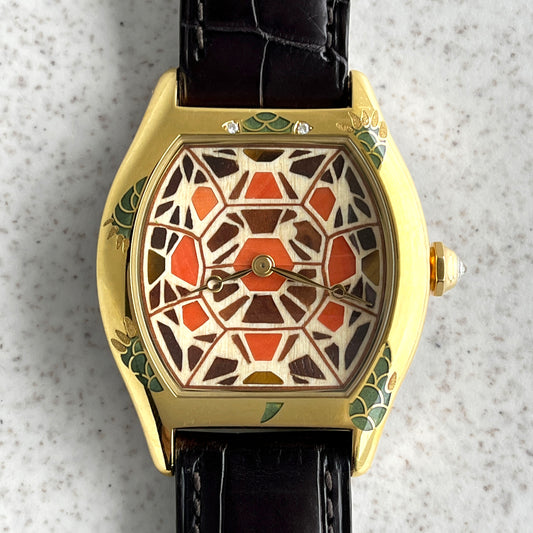 Cartier Tortue Watch with Champleve Enamel Turtle Motif, Yellow Gold