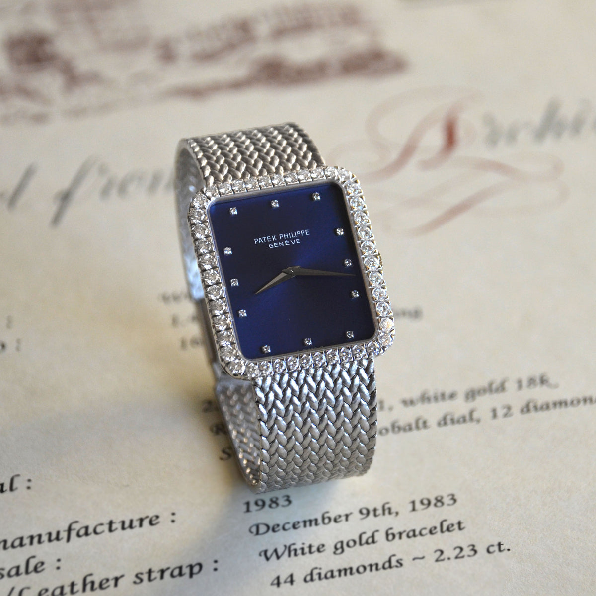Patek Philippe Rectangular Bracelet Watch, Ref. 3613/1, Blue dial and Diamond-set case, White Gold