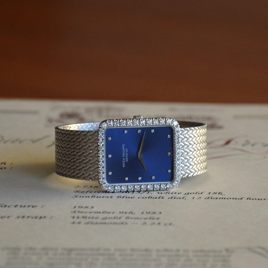 Patek Philippe Rectangular Bracelet Watch, Ref. 3613/1, Blue dial and Diamond-set case, White Gold