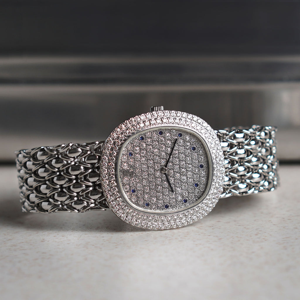 Audemars Piguet Oval-shaped Wristwatch, Diamond Bezel and Pavé Diamond Dial with Sapphires, White Gold