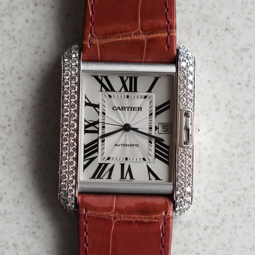 Cartier Tank Anglaise XL with Date, Diamond Bezel, New Old Stock, Ref. WT100023, White Gold