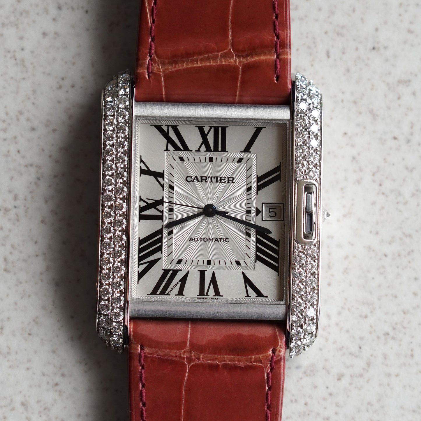 Cartier Tank Anglaise XL with Date and Cartier Factory Diamond Bezel, New Old Stock, White Gold