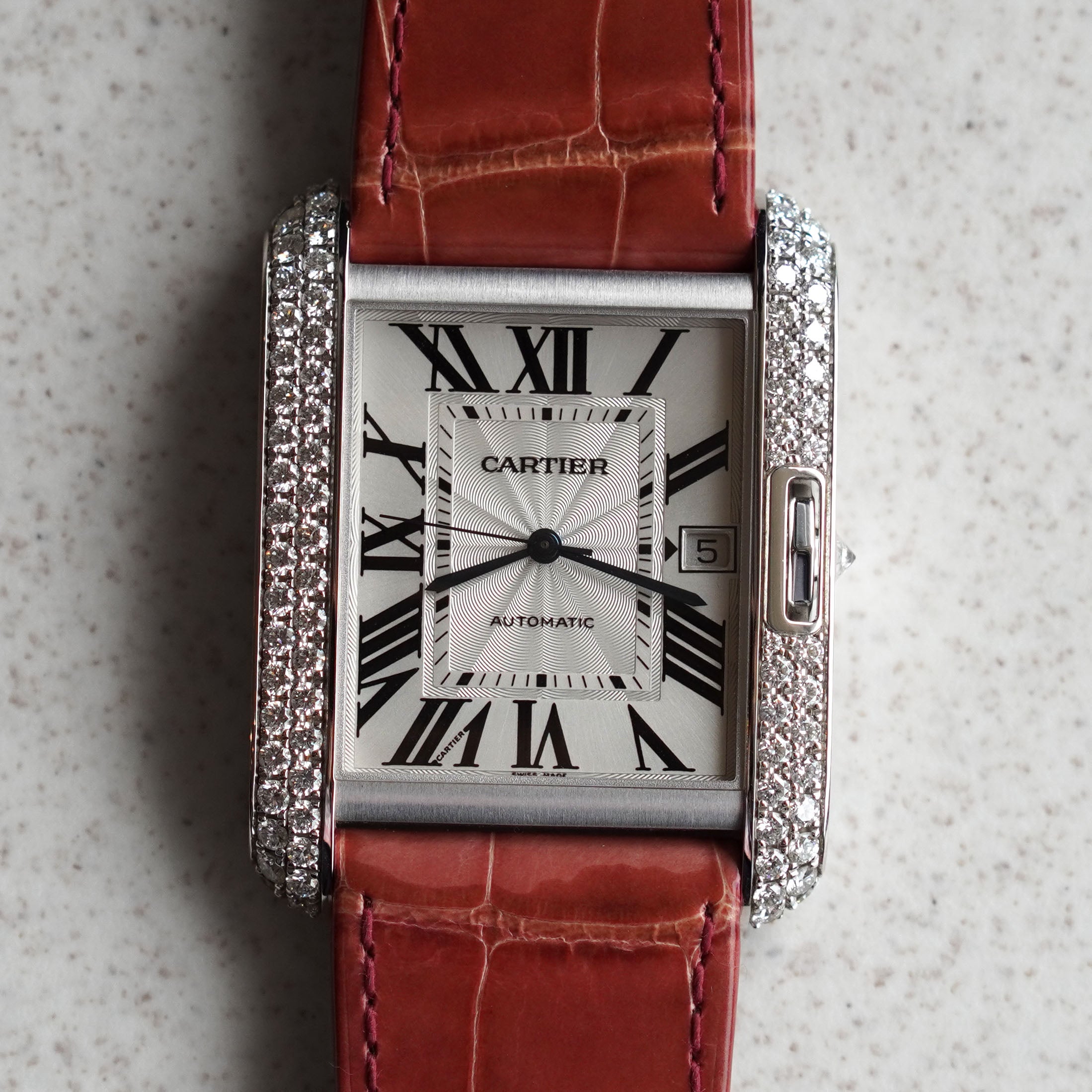 Cartier Tank Anglaise XL with Date, Diamond Bezel, New Old Stock, Ref. WT100023, White Gold