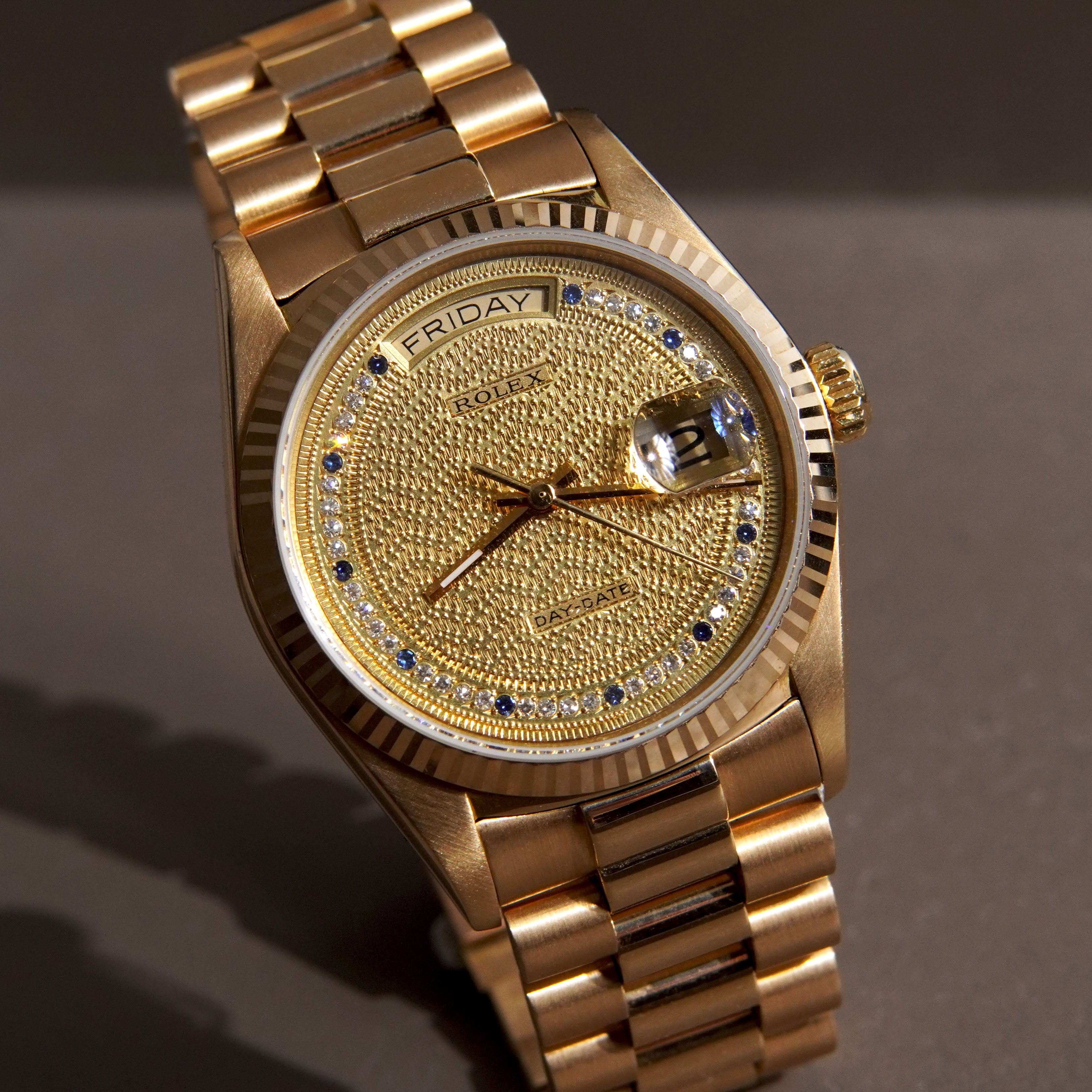 Rolex Day-Date Ref. 18038, Missoni Dial with Diamonds and Sapphires, Yellow Gold