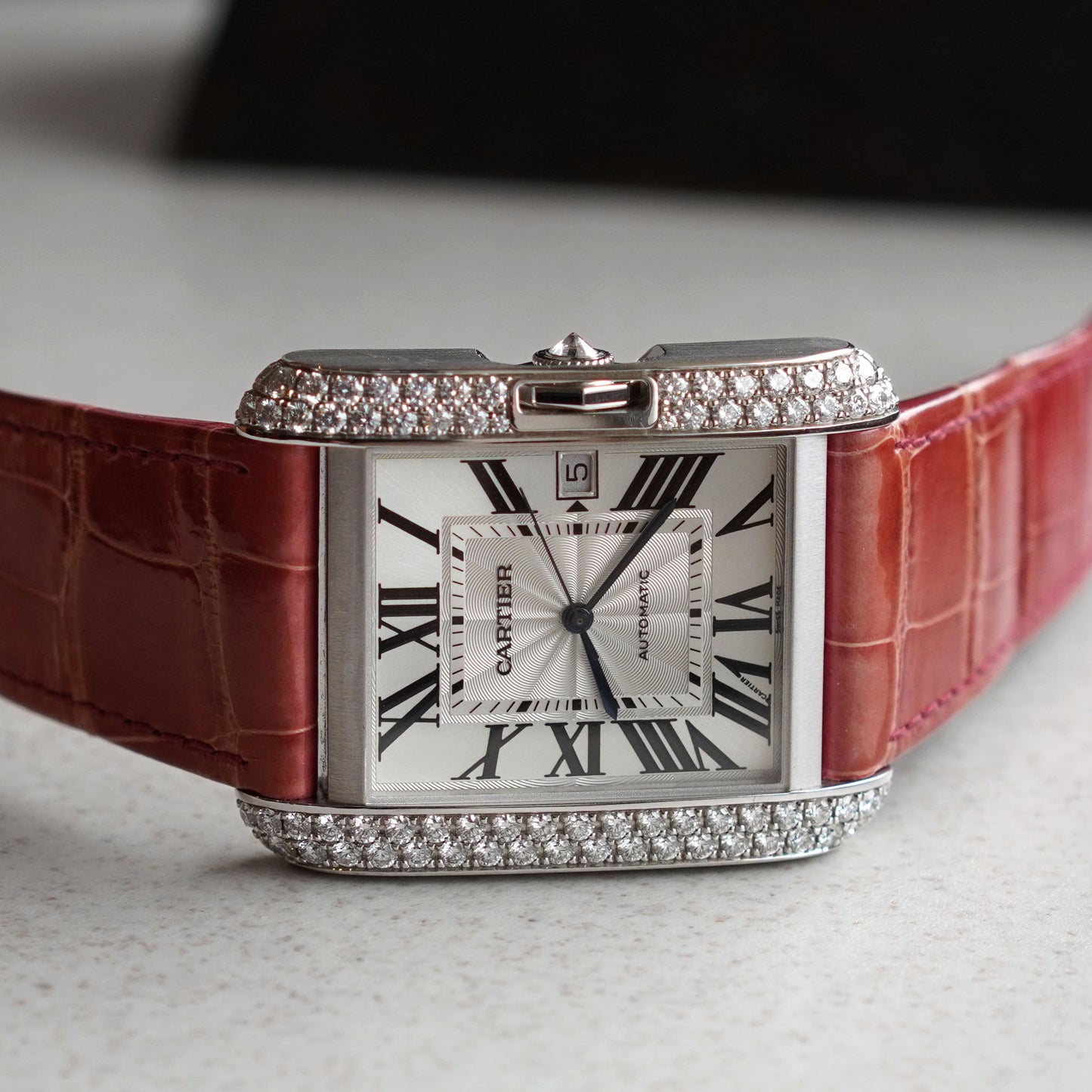 Cartier Tank Anglaise XL with Date and Cartier Factory Diamond Bezel, New Old Stock, White Gold