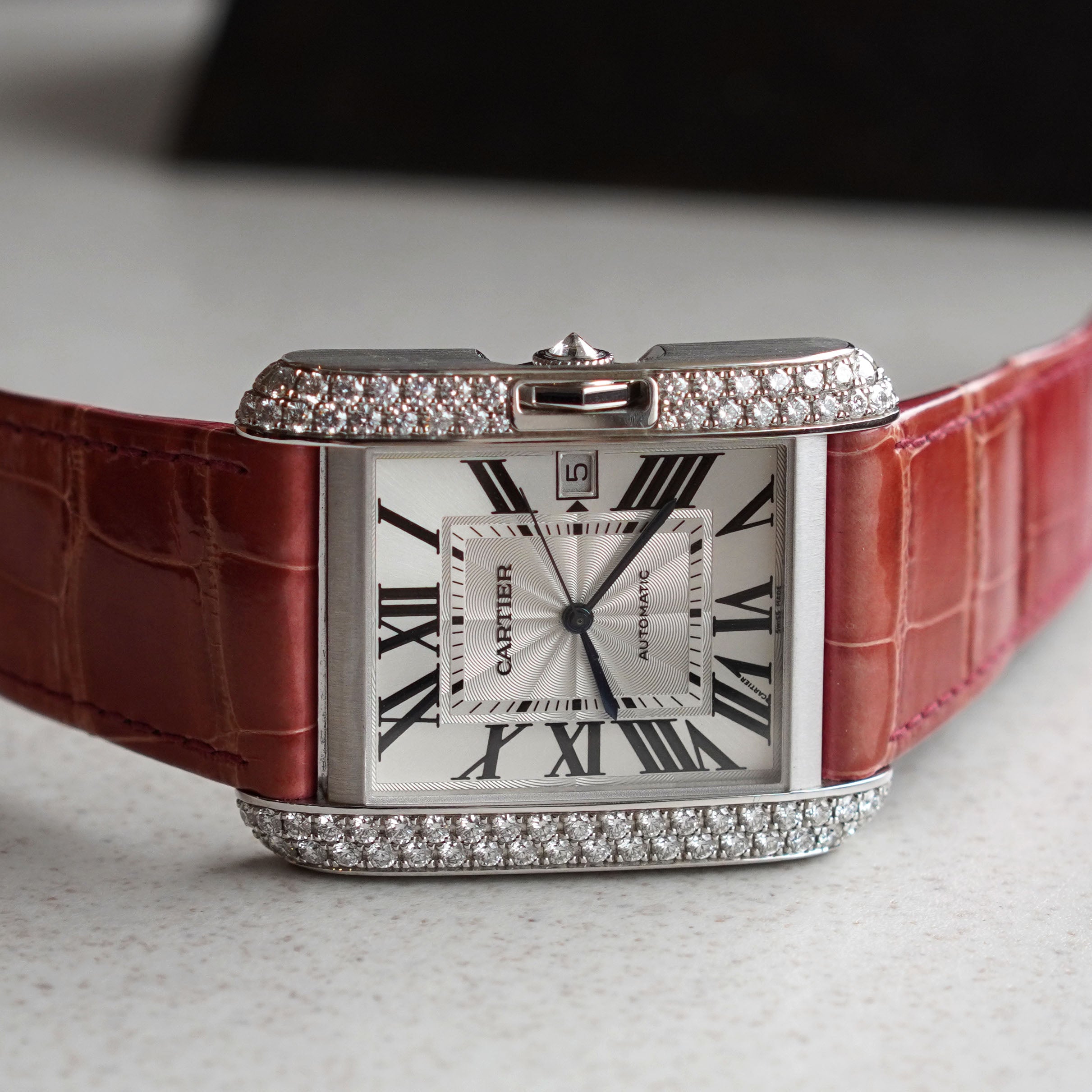 Cartier Tank Anglaise XL with Date, Diamond Bezel, New Old Stock, Ref. WT100023, White Gold