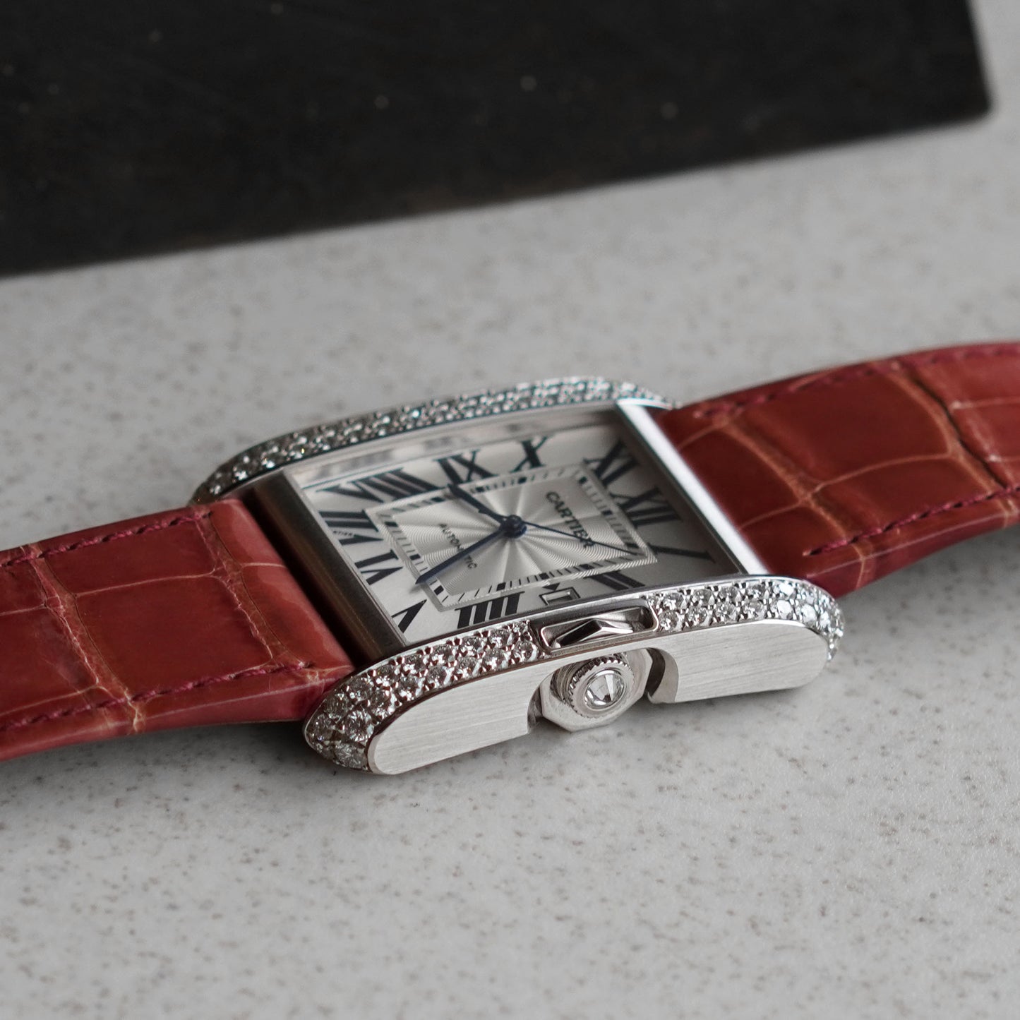 Cartier Tank Anglaise XL with Date and Cartier Factory Diamond Bezel, New Old Stock, White Gold