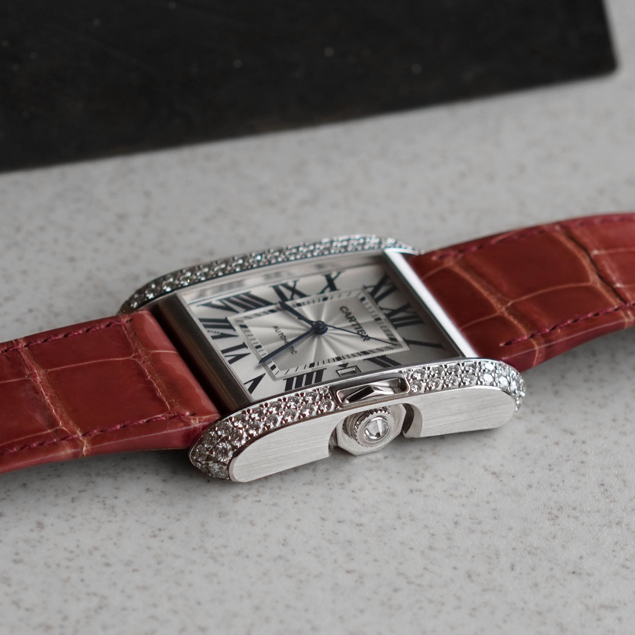 Cartier Tank Anglaise XL with Date, Diamond Bezel, New Old Stock, Ref. WT100023, White Gold