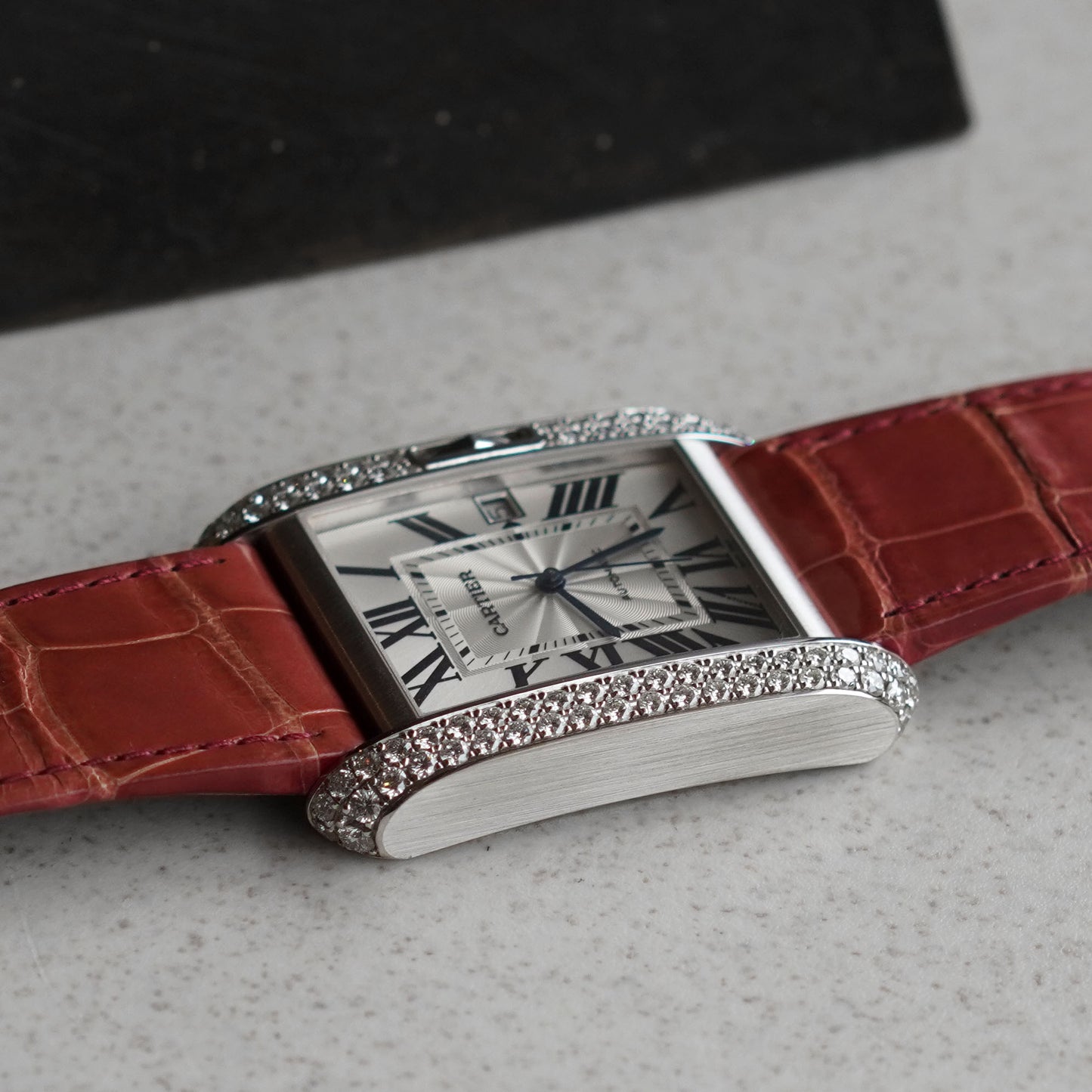 Cartier Tank Anglaise XL with Date and Cartier Factory Diamond Bezel, New Old Stock, White Gold