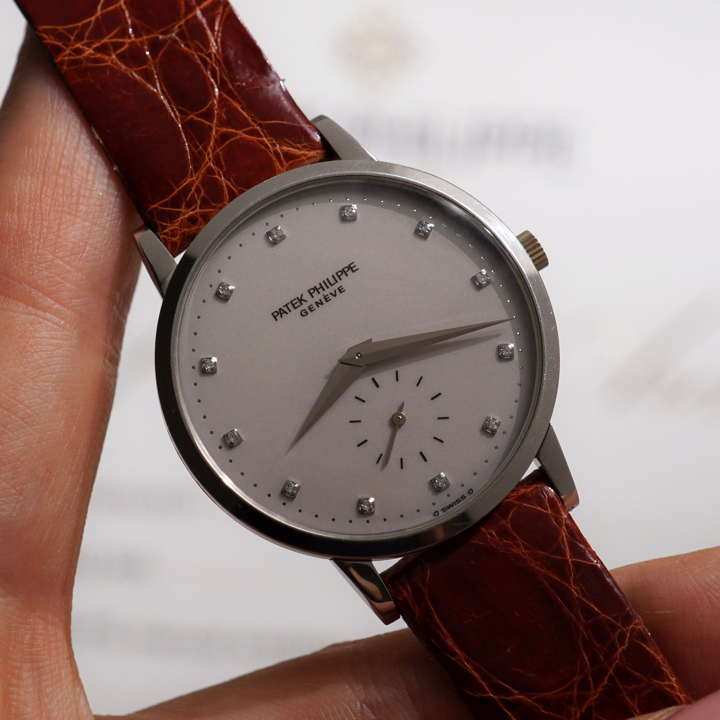 Patek Philippe Calatrava, Ivory-white dial with diamond markers, Ref. 3893, Platinum