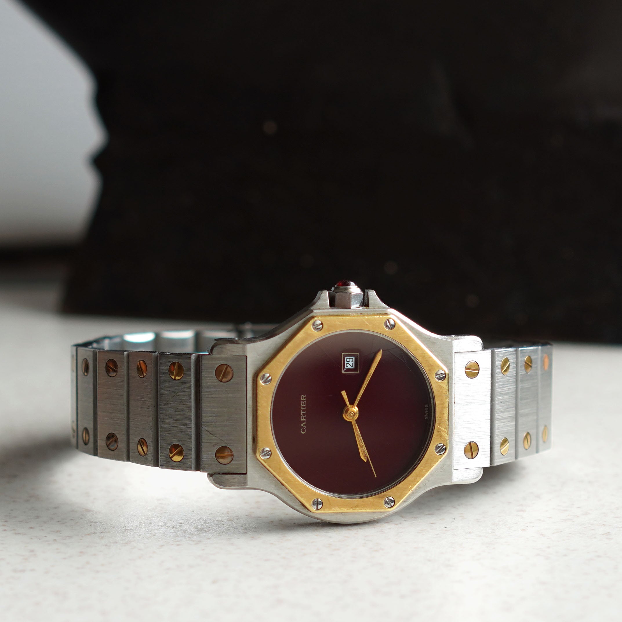 Cartier Santos Octagon LM Rare Burgundy Dial, Ref. 2966, Steel and Gold