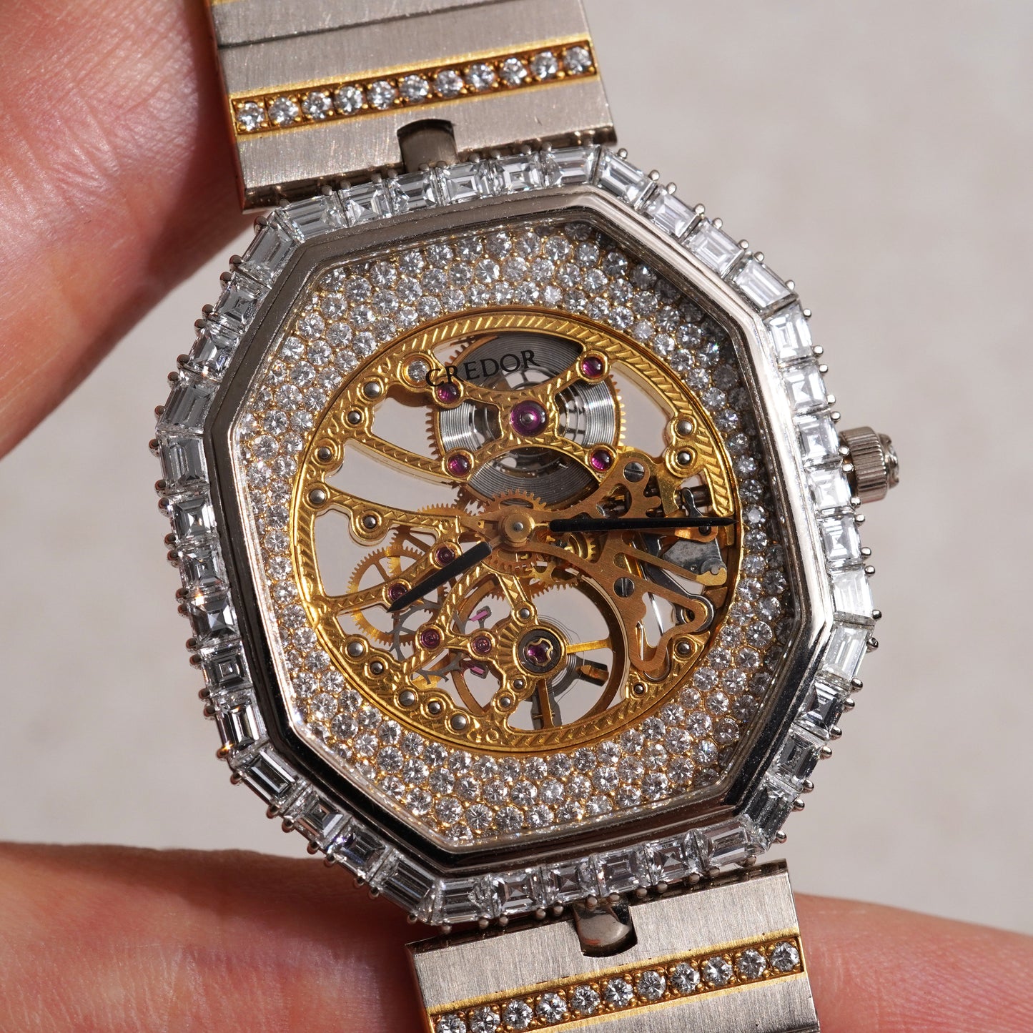 Credor Skeleton Bracelet Watch, Diamond dial and Baguette diamond bezel, Ref. K238-5010, White Gold