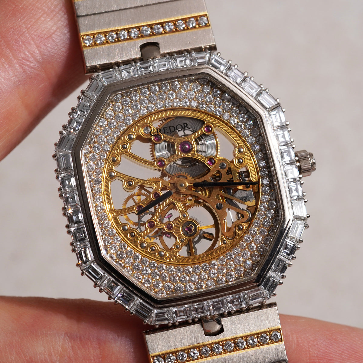 Credor Skeleton Bracelet Watch, Diamond dial and Baguette diamond bezel, Ref. K238-5010, White Gold