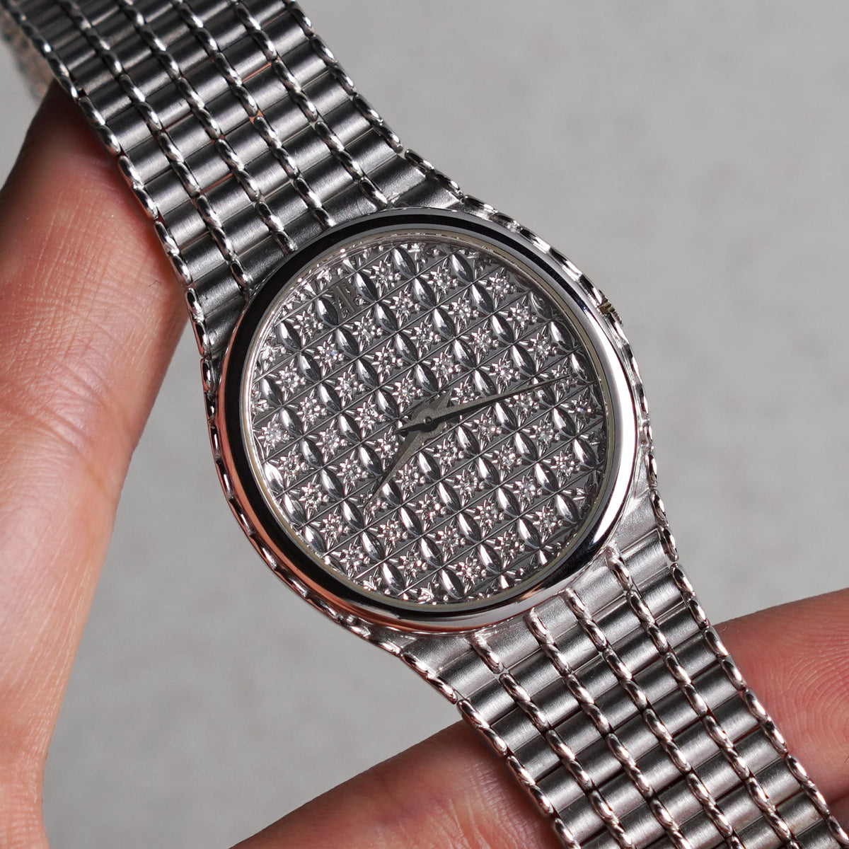 Audemars Piguet Oval-shaped Wristwatch, Diamond Dial, Bamboo Bracelet, White Gold