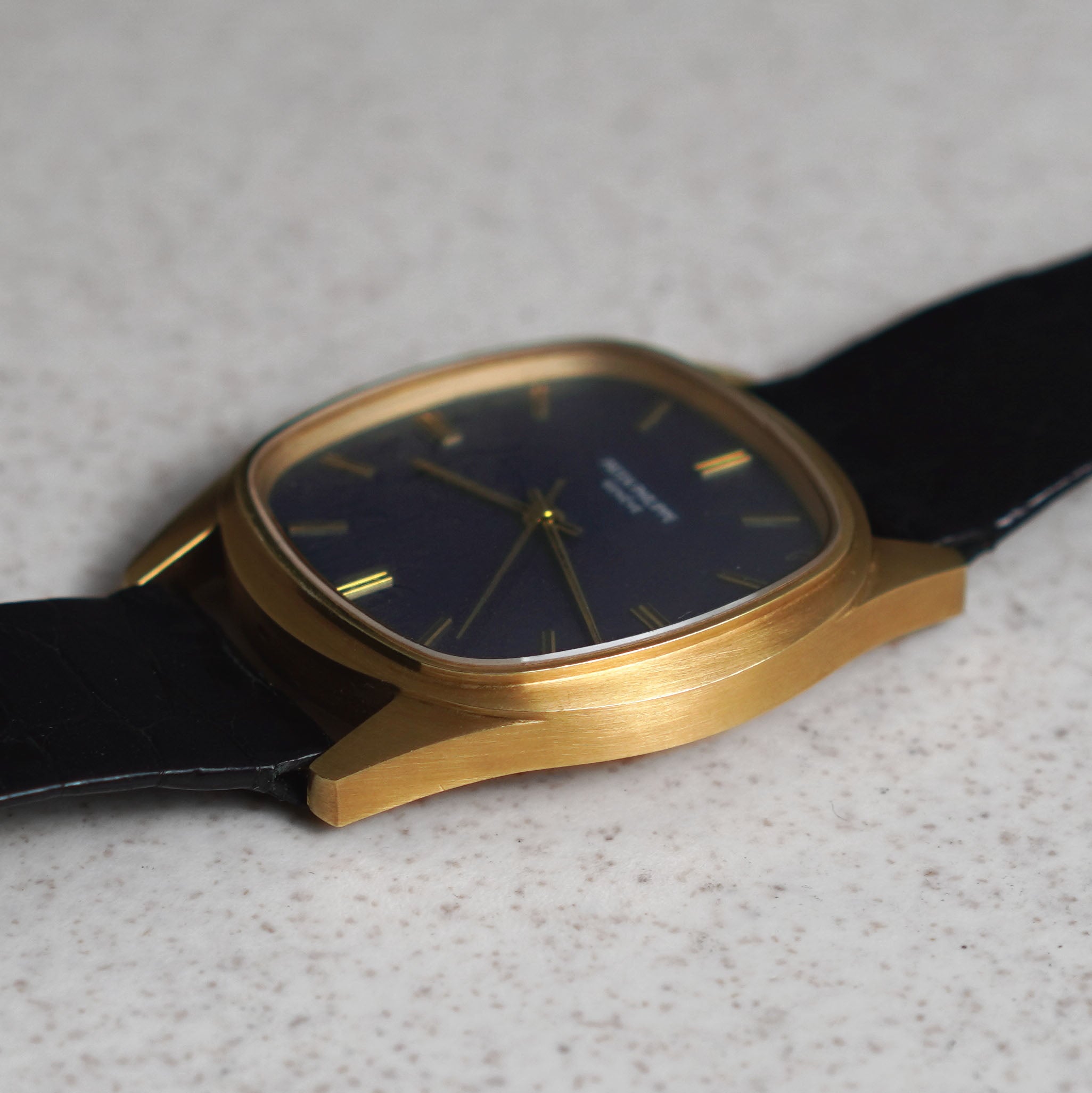 Patek Philippe Cushion-Shaped Watch, Blue Textured Dial, Ref. 3585, Yellow Gold