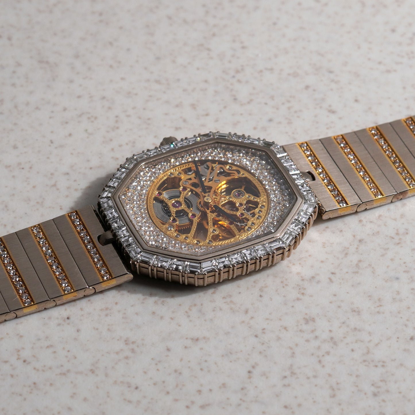 Credor Skeleton Bracelet Watch, Diamond dial and Baguette diamond bezel, Ref. K238-5010, White Gold