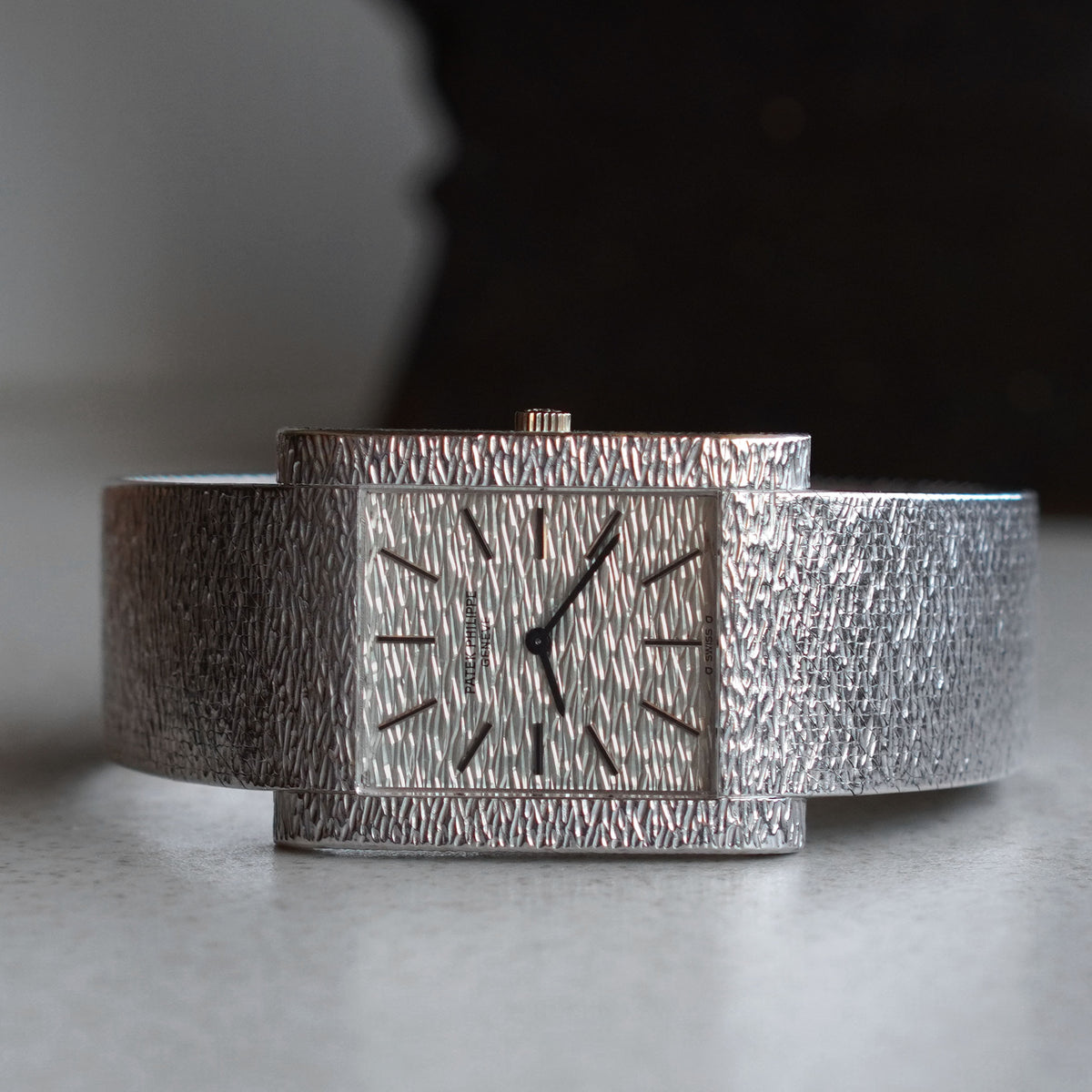 Patek Philippe Bark-Finish Integrated Bracelet Watch, 3553/1, White Gold