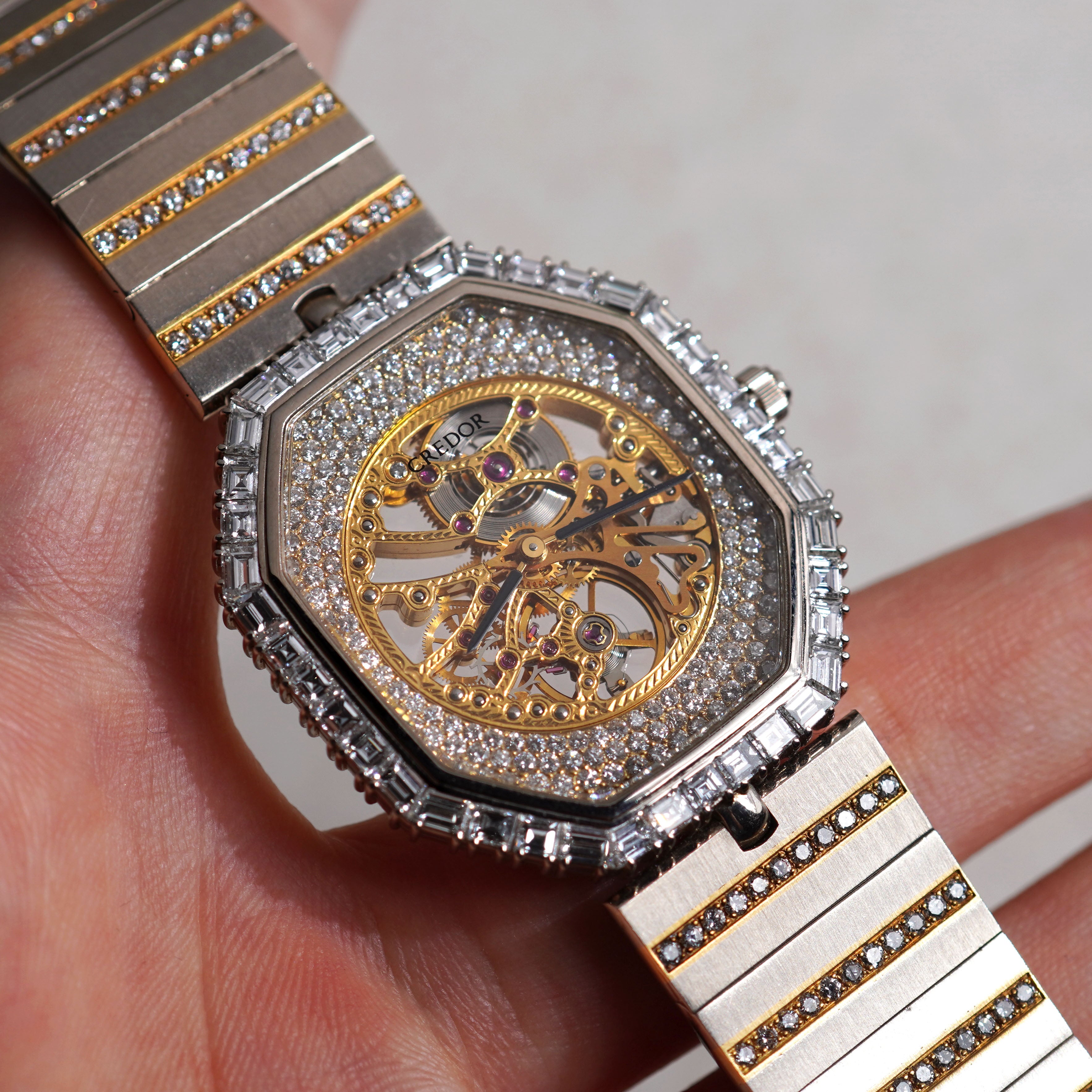 Credor Skeleton Bracelet Watch, Diamond dial and Baguette diamond bezel, Ref. K238-5010, White Gold