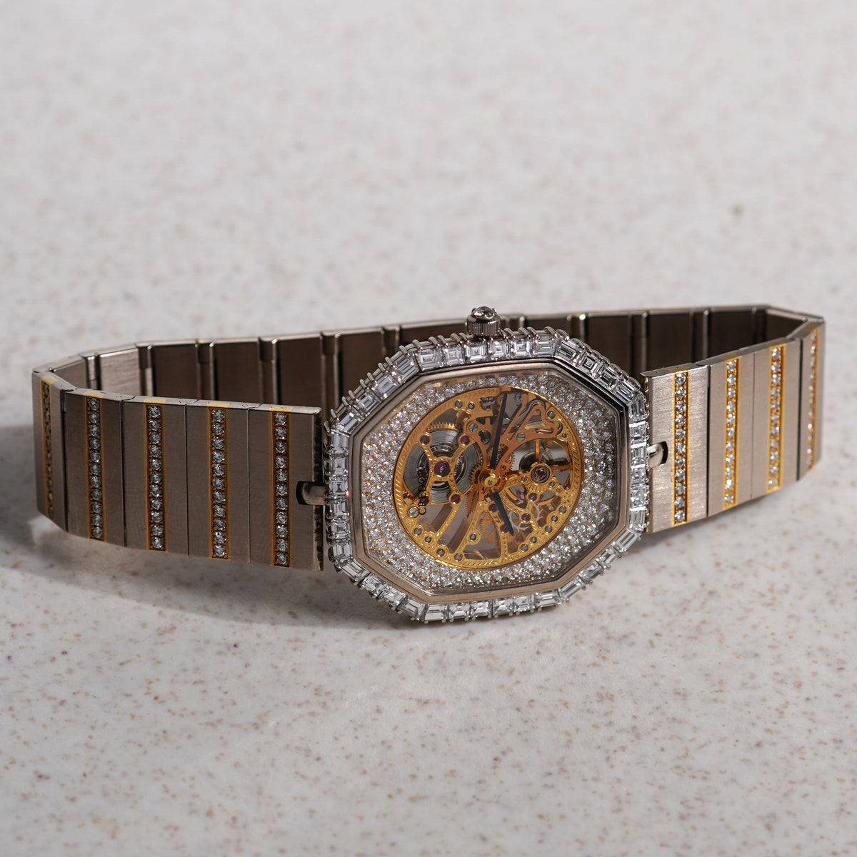 Credor Skeleton Bracelet Watch, Diamond dial and Baguette diamond bezel, Ref. K238-5010, White Gold