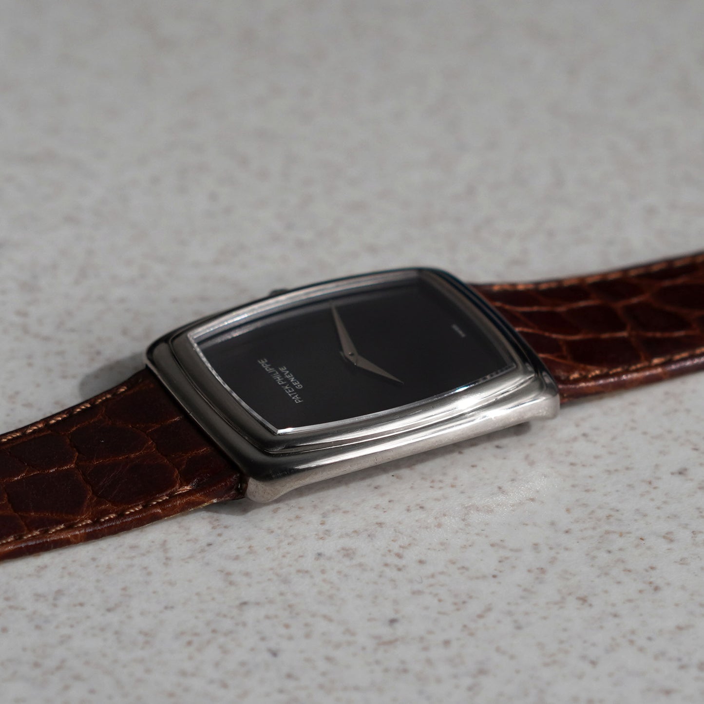 Patek Philippe Rectangular Wristwatch with Onyx Dial, White Gold