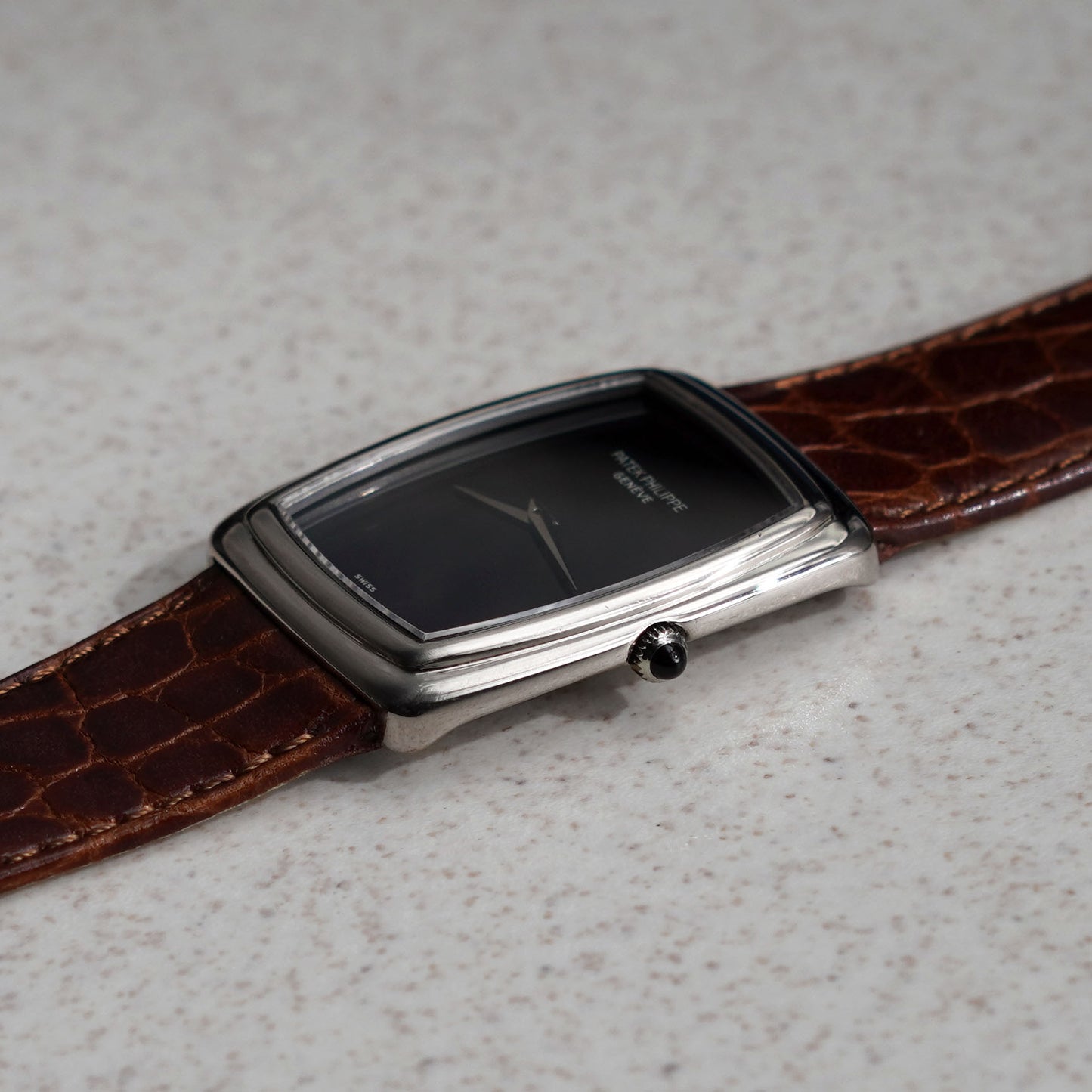 Patek Philippe Rectangular Wristwatch with Onyx Dial, White Gold