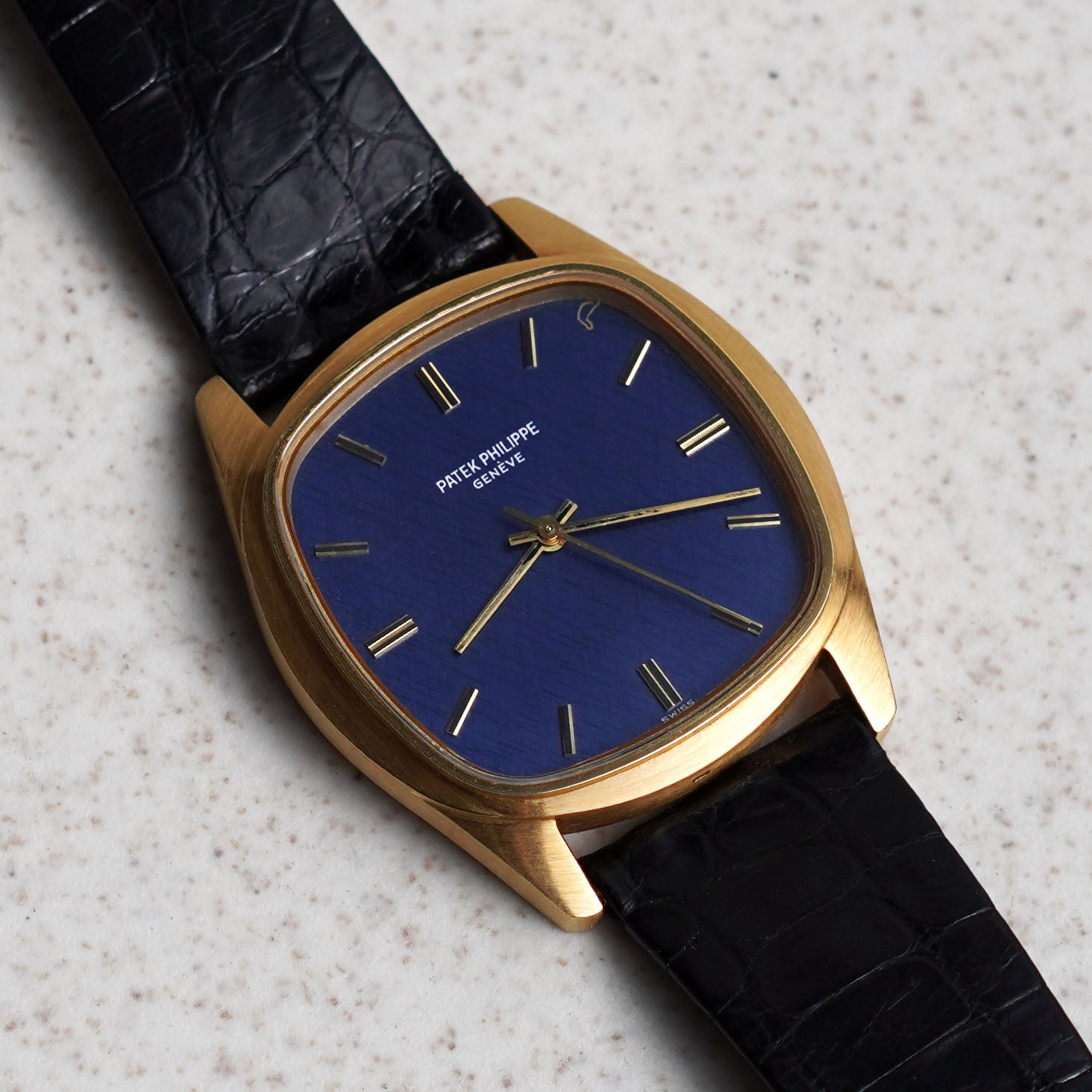 Patek Philippe Cushion-Shaped Watch, Blue Textured Dial, Ref. 3585, Yellow Gold
