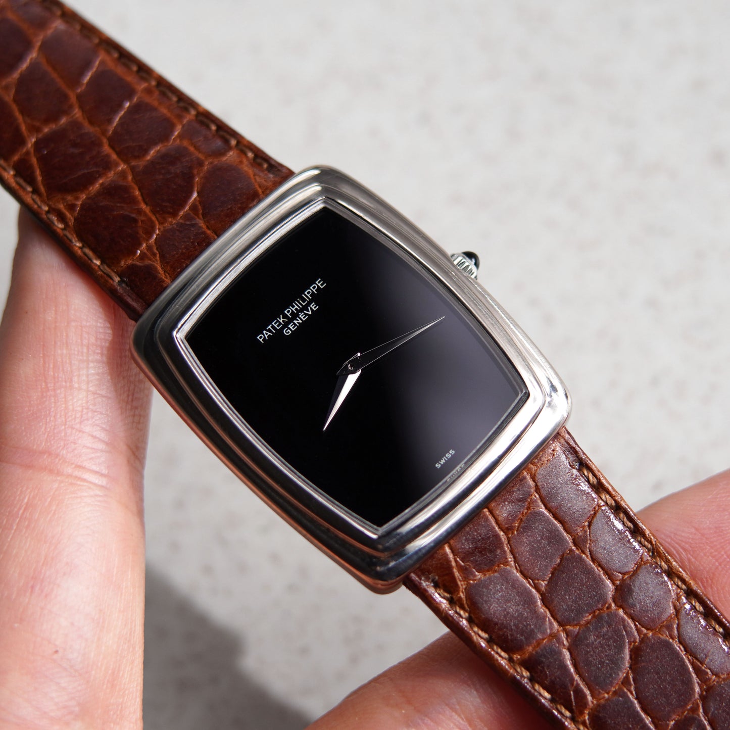 Patek Philippe Rectangular Wristwatch with Onyx Dial, White Gold