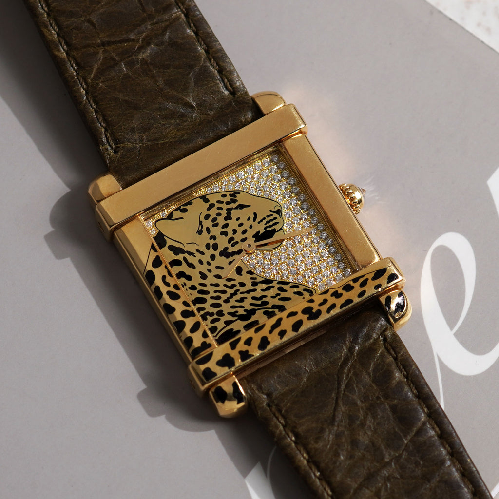 Cartier Limited Edition Large Tank Chinoise, Pavé Diamond Dial and Enamel Panther Motif, Ref. WE300551, Yellow Gold