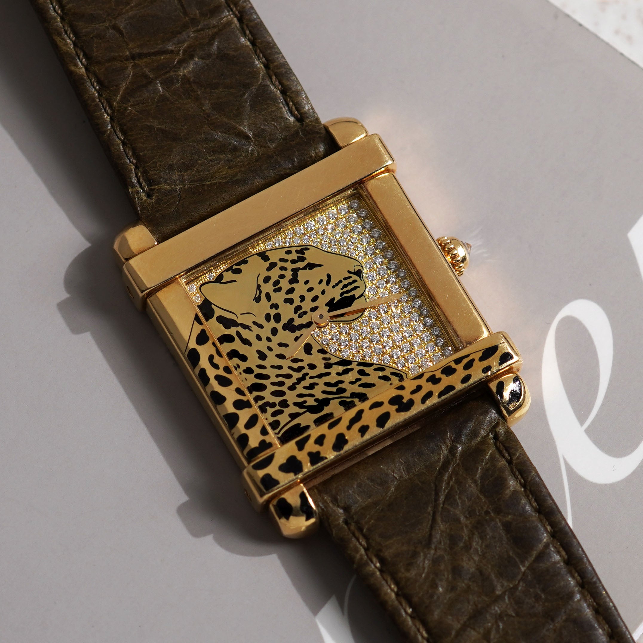 Cartier Limited Edition Large Tank Chinoise, Pavé Diamond Dial and Enamel Panther Motif, Ref. WE300551, Yellow Gold