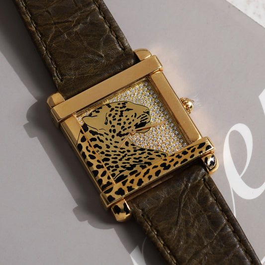 Cartier Limited Edition Large Tank Chinoise, Pavé Diamond Dial and Enamel Panther Motif, Ref. WE300551, Yellow Gold