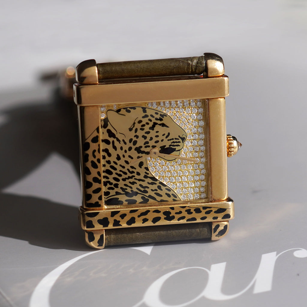 Cartier Limited Edition Large Tank Chinoise, Pavé Diamond Dial and Enamel Panther Motif, Ref. WE300551, Yellow Gold