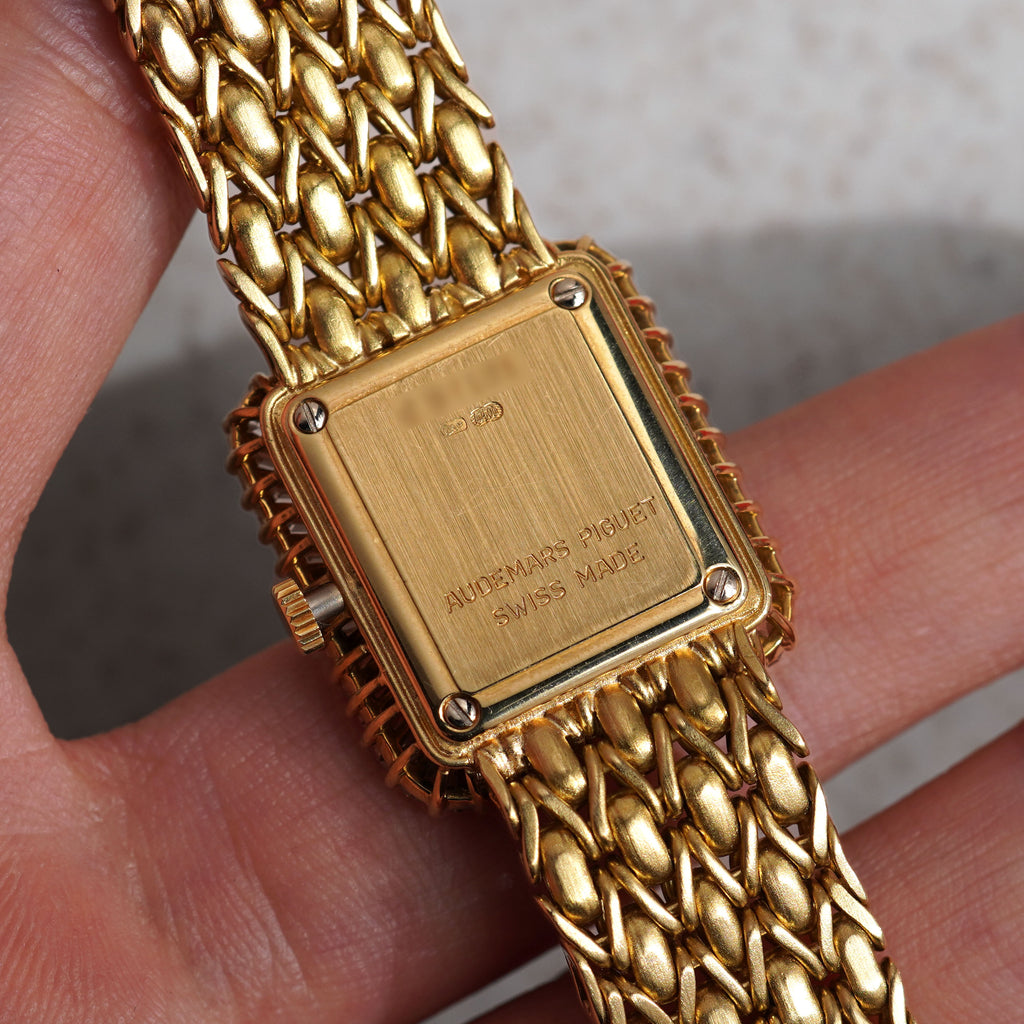 Audemars Piguet Bracelet Watch, Pavé diamond dial with Sapphire markers, Baguette diamond bezel, Yellow Gold