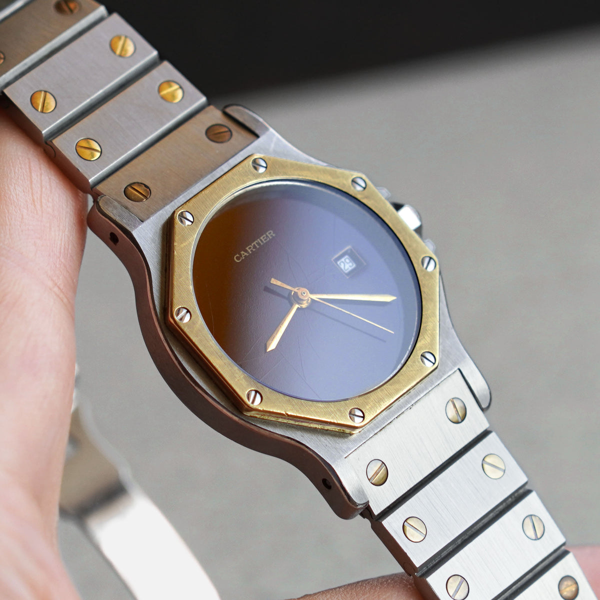 Cartier Santos Octagon LM Rare Burgundy Dial, Ref. 2966, Steel and Gold