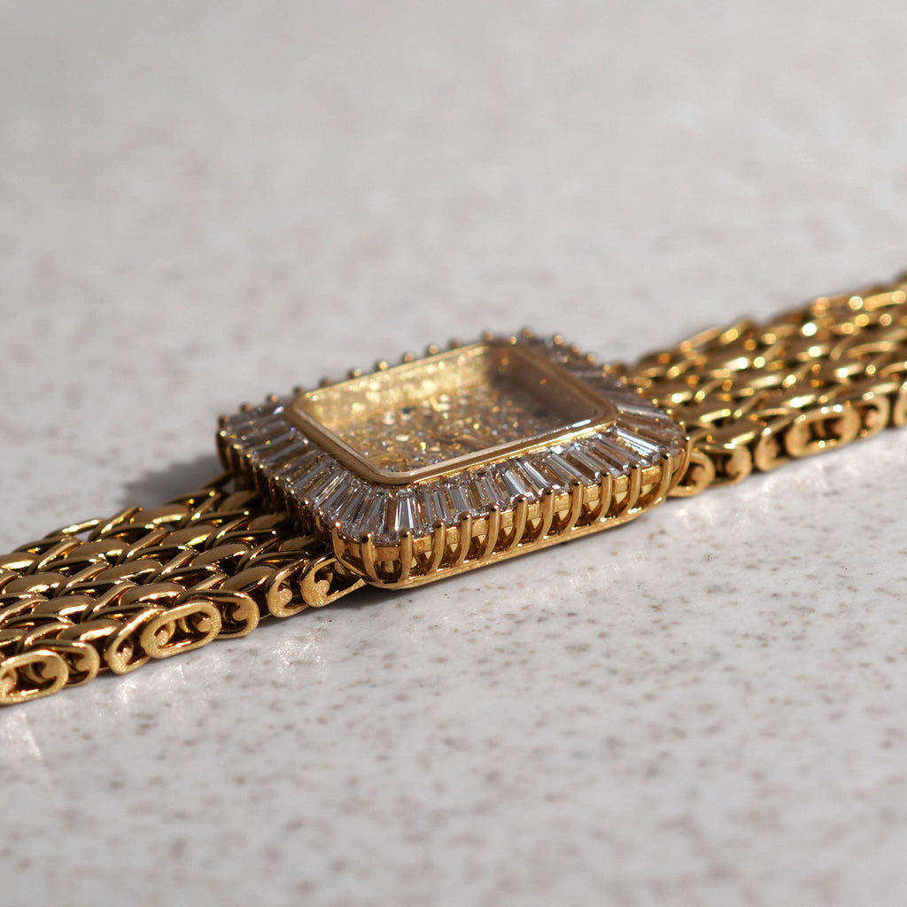 Audemars Piguet Bracelet Watch, Pavé diamond dial with Sapphire markers, Baguette diamond bezel, Yellow Gold