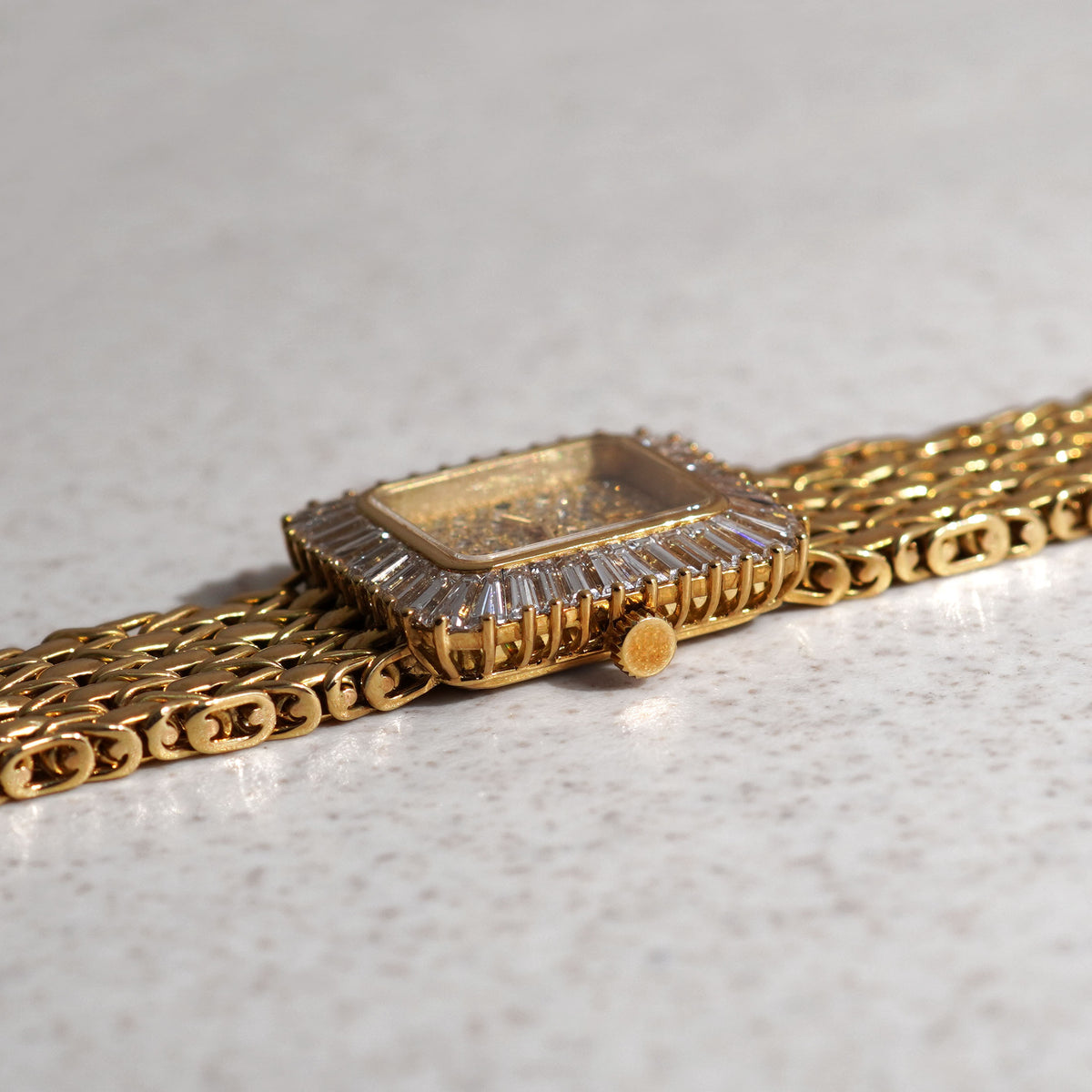 Audemars Piguet Bracelet Watch, Pavé diamond dial with Sapphire markers, Baguette diamond bezel, Yellow Gold