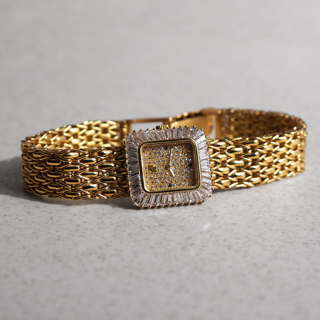 Audemars Piguet Bracelet Watch, Pavé diamond dial with Sapphire markers, Baguette diamond bezel, Yellow Gold