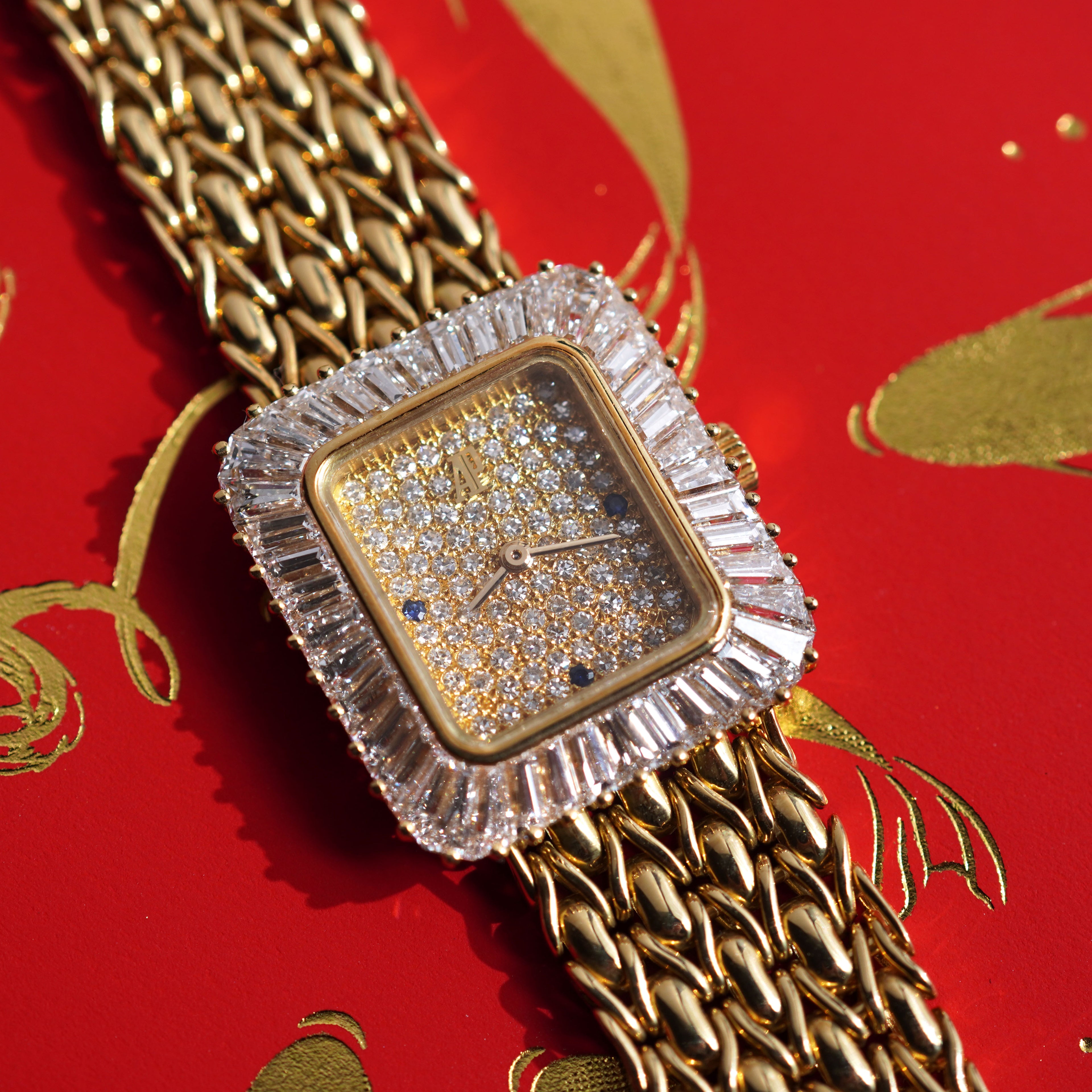 Audemars Piguet Bracelet Watch, Pavé diamond dial with Sapphire markers, Baguette diamond bezel, Yellow Gold