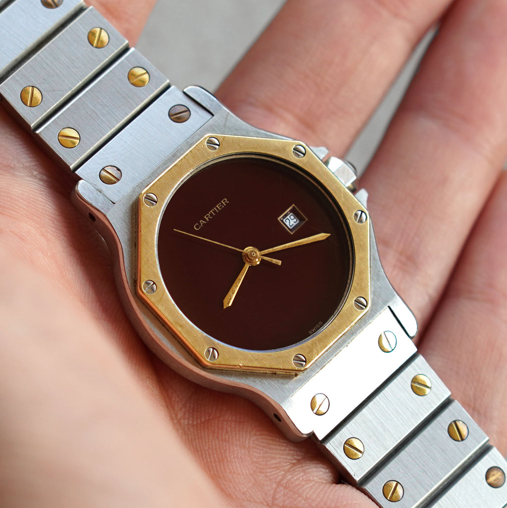 Cartier Santos Octagon LM Rare Burgundy Dial, Ref. 2966, Steel and Gold