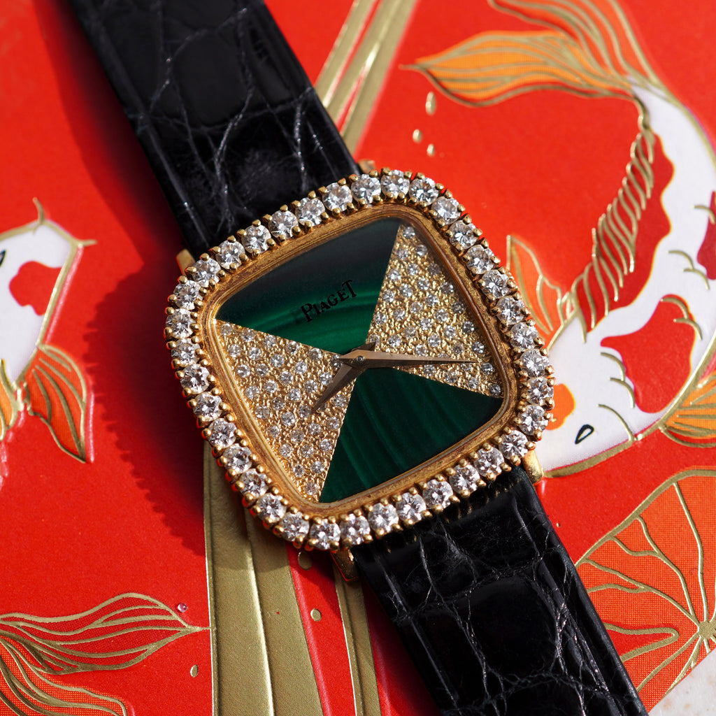 Piaget Ref. 9906, Malachite and Diamond Dial, Diamond Bezel, Yellow Gold