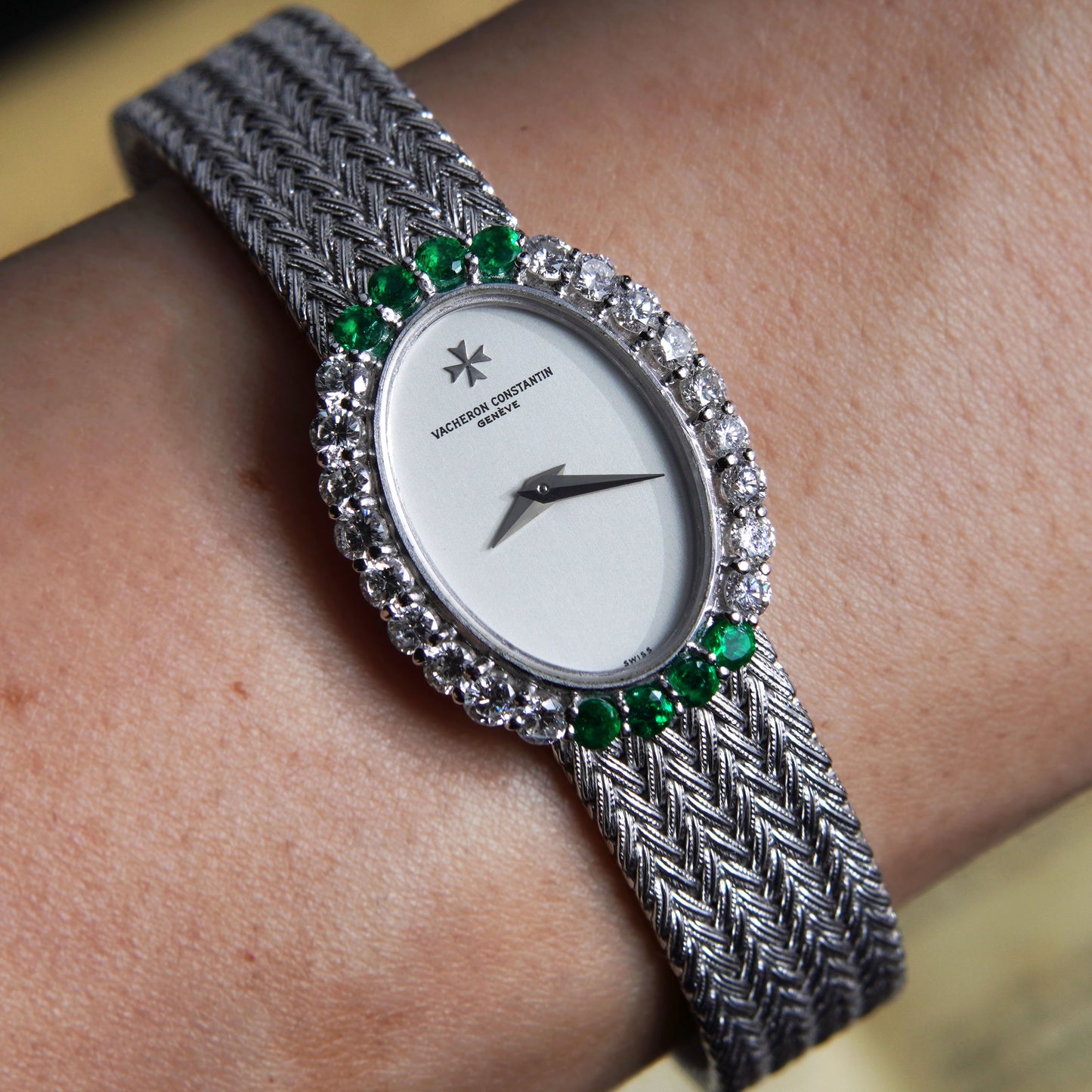 Vacheron Constantin Ladies Oval Bracelet Watch, Factory diamonds and emeralds, White Gold