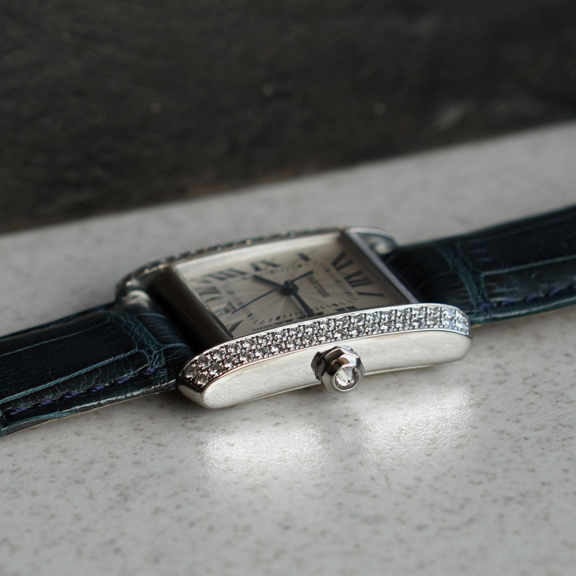 Cartier Tank Française with Date, Diamond Bezel, New Old Stock, White Gold