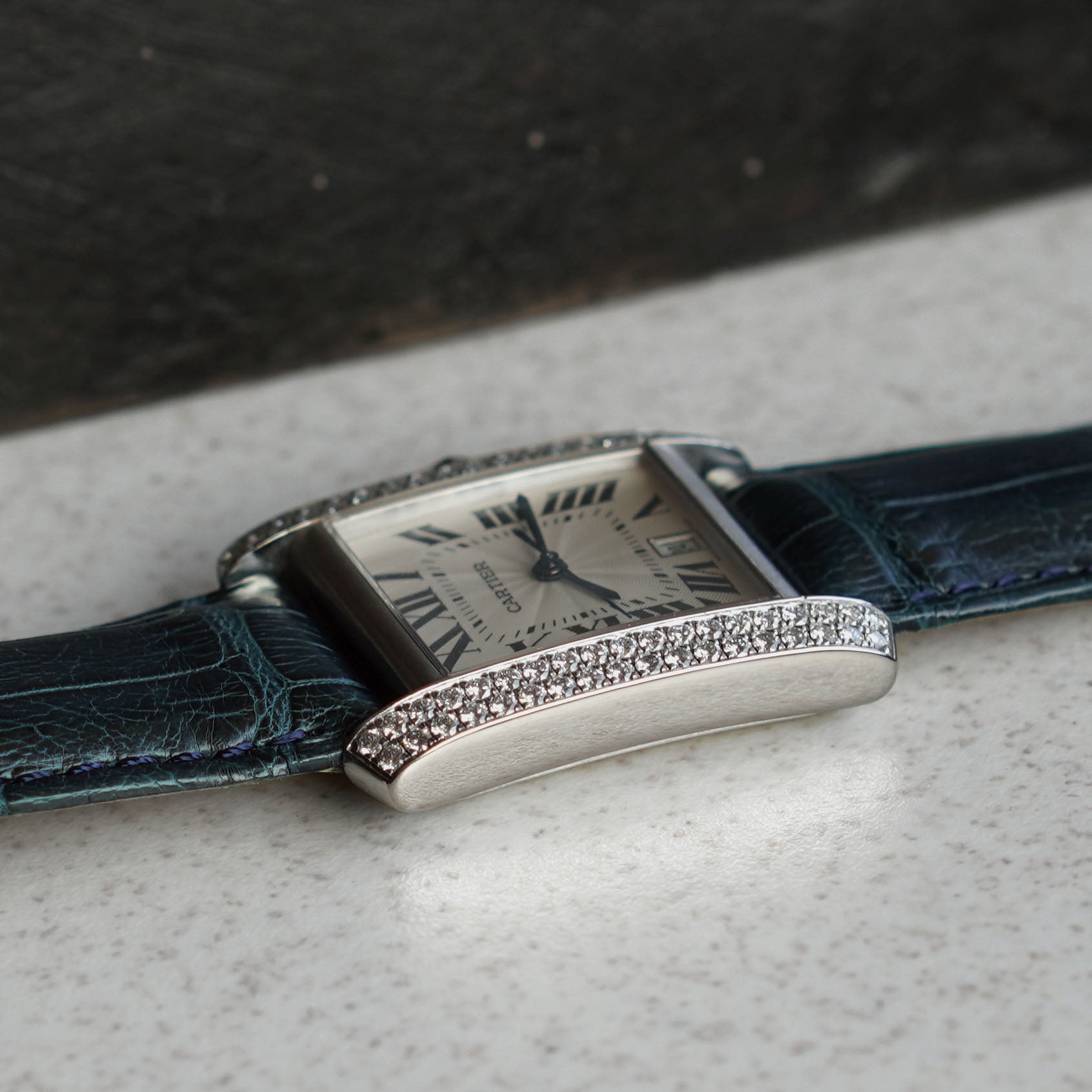 Cartier Tank Française with Date, Diamond Bezel, New Old Stock, White Gold