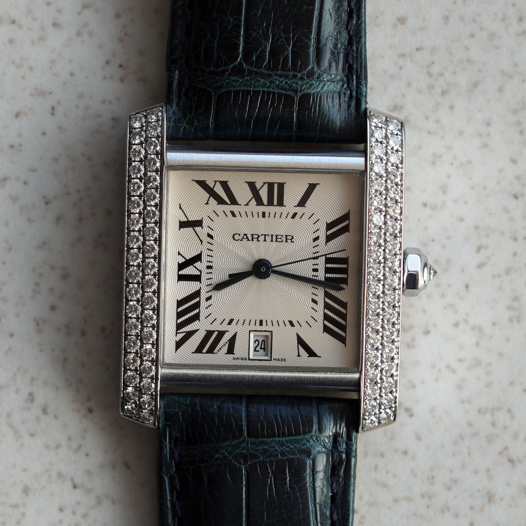Cartier Tank Française with Date, Diamond Bezel, New Old Stock, White Gold