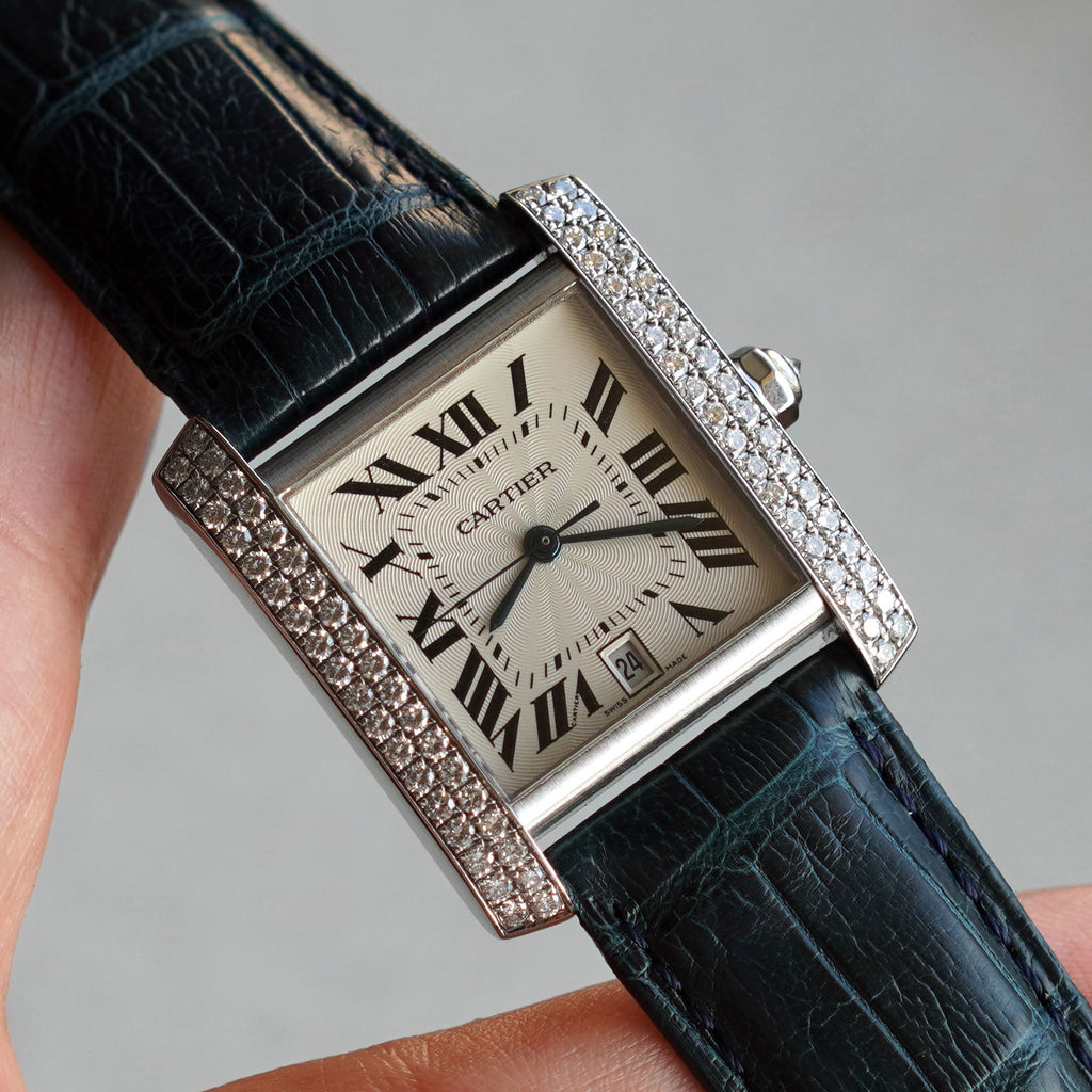 Cartier Tank Française with Date, Diamond Bezel, New Old Stock, White Gold