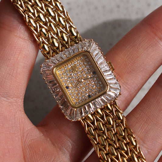 Audemars Piguet Bracelet Watch, Pavé diamond dial with Sapphire markers, Baguette diamond bezel, Yellow Gold
