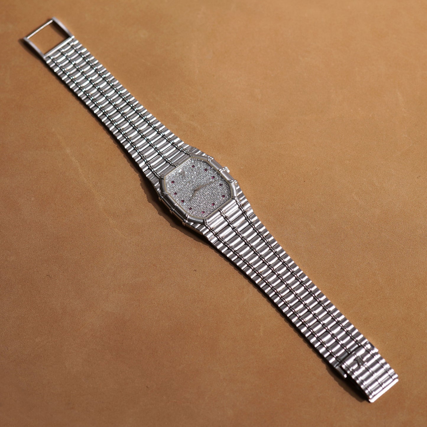 Audemars Piguet Bamboo, Pavé Diamond Dial with Ruby Indexes, White Gold
